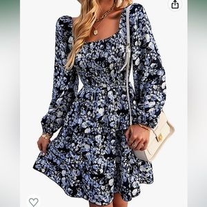 Square neck smock floral print mini dress